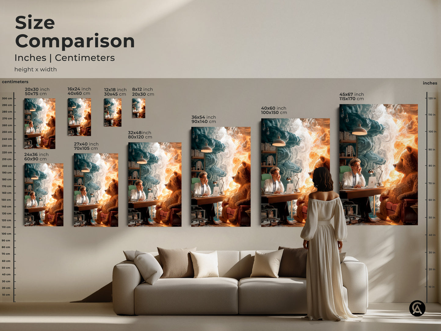 Size comparison for surreal bear and man artwork inches and centimeters. Ranging from 8x12 inches to 45x67 inches. This artwork is ideal for creating a focal point above a sofa. This eclectic art adds charm to any room.