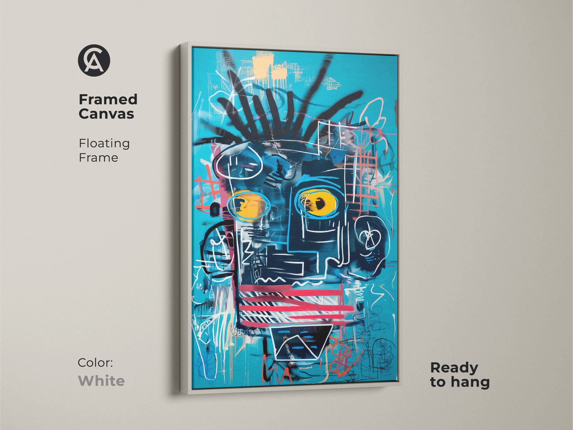 Framed canvas featuring an abstract face artwork in a white floating frame. The art has a blue background with vibrant colors. It's ready to hang. This framed art adds a contemporary touch to any wall. The white frame enhances the modern aesthetic.
