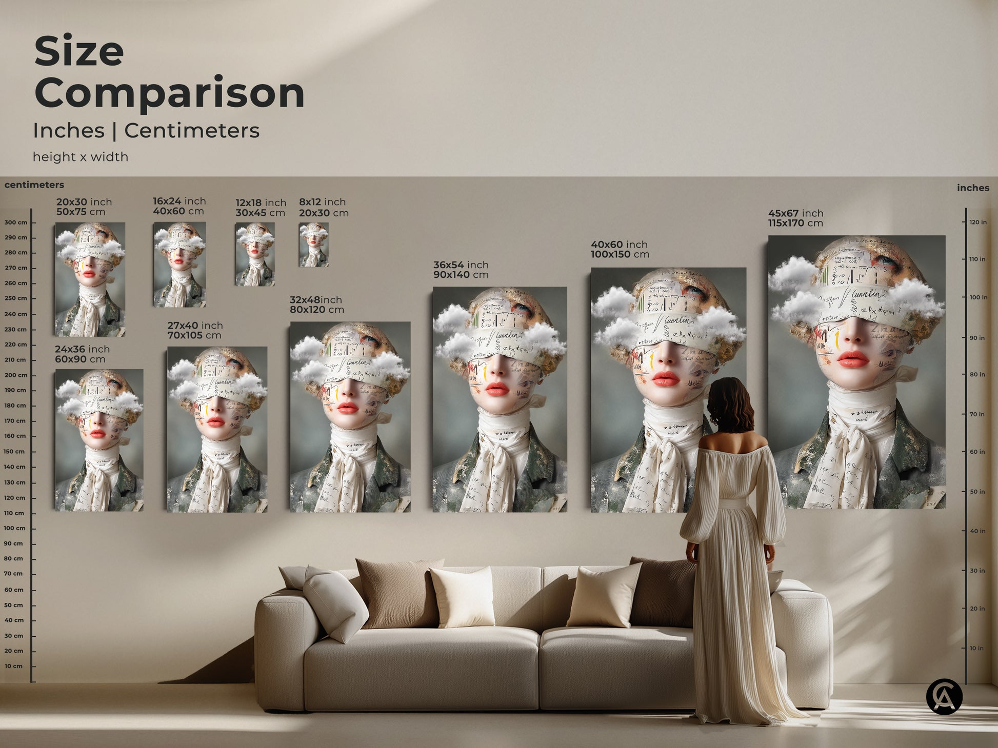 Size comparison for surreal woman portrait collage artwork. Visualize art inches and centimeters. See the art various sizes above a sofa. Cloud text artwork blends vintage surrealism.  Perfect for eclectic home decor.