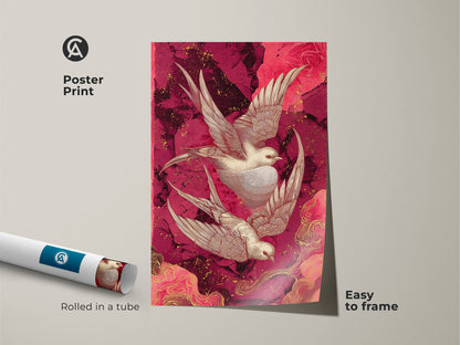 Poster print of oriental swallow art. This crimson floral canvas art is easy to frame. Rolled in a tube for protection. This art nouveau bird wall art adds elegance to any room. A unique wall hanging art piece.