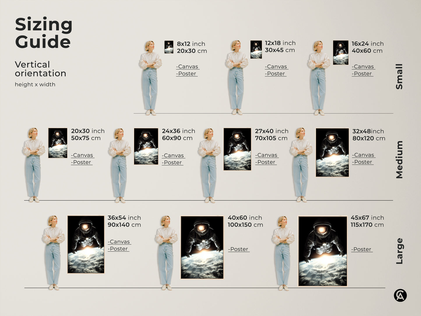 Sizing guide for vertical astronaut art prints. Available in small medium and large sizes. Choose the perfect dimensions for your space exploration canvas or poster. This photorealistic astronaut artwork is a great addition to any room. Transform your walls with this cinematic black blue white masterpiece.