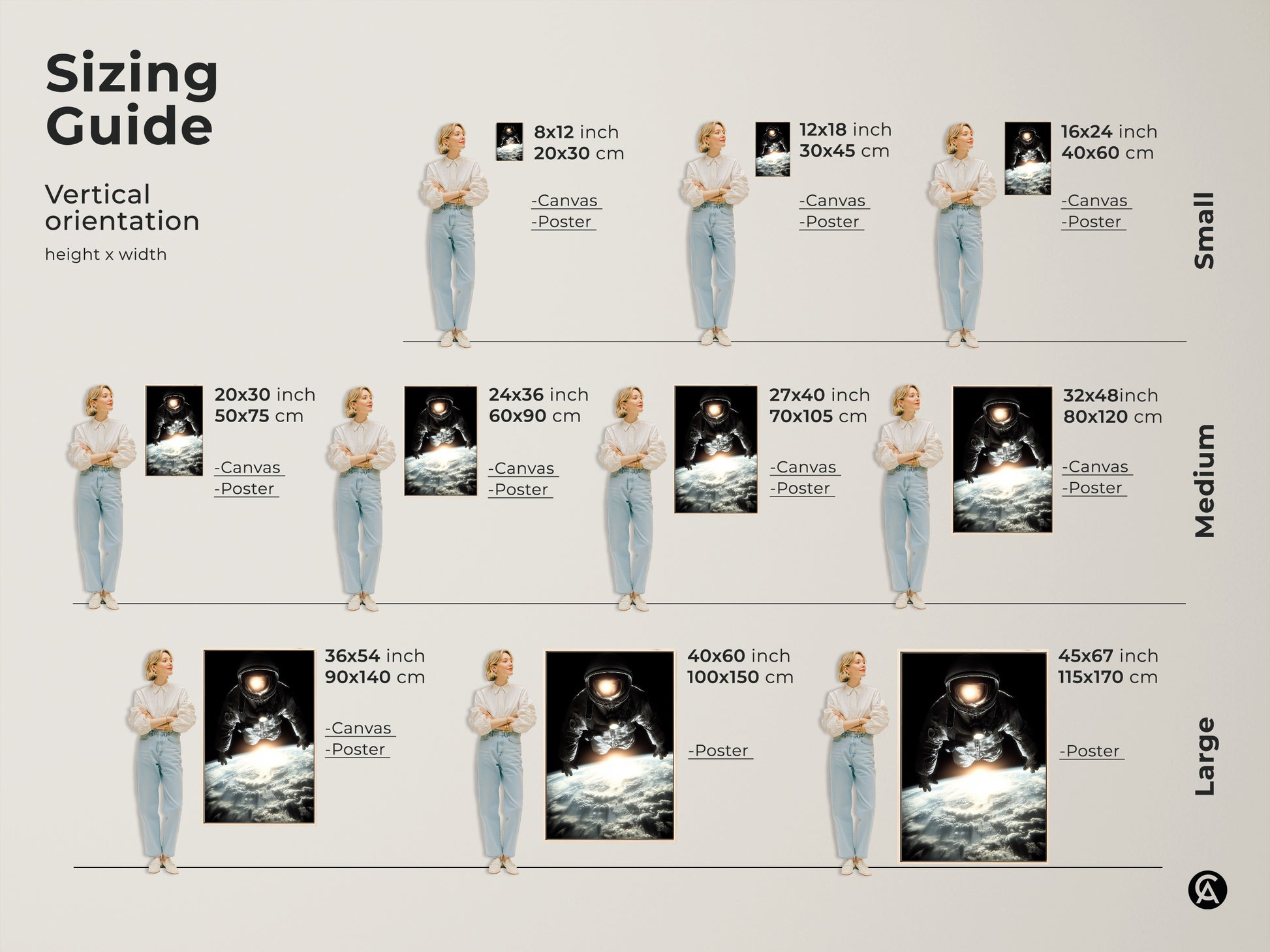 Sizing guide for vertical astronaut art prints. Available in small medium and large sizes. Choose the perfect dimensions for your space exploration canvas or poster. This photorealistic astronaut artwork is a great addition to any room. Transform your walls with this cinematic black blue white masterpiece.