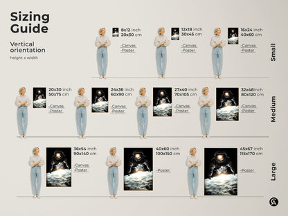 Sizing guide for vertical astronaut art prints. Available in small medium and large sizes. Choose the perfect dimensions for your space exploration canvas or poster. This photorealistic astronaut artwork is a great addition to any room. Transform your walls with this cinematic black blue white masterpiece.