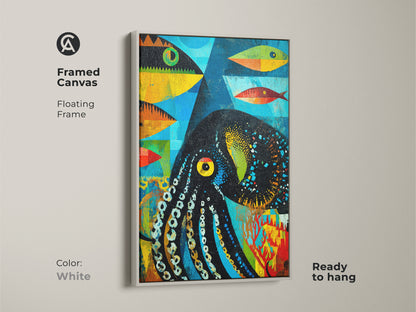Framed canvas art print features an abstract octopus and fish. The white floating frame enhances the teal orange and blue tones of this eclectic ocean theme. This unique ready to hang wall art adds a splash of color to any decor.