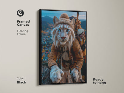 Lynx mountain explorer framed canvas in Black. Blue eyed cat adventurer wall art brings nature indoors. Ready to hang for any animal lover looking for forest animal art. The eclectic home decor lynx painting is a cozy winter animal artwork. A great rustic mountain cabin decor.