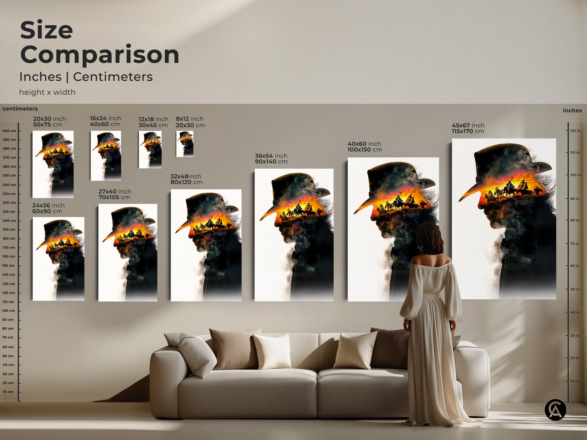 Size comparison of this incredible double exposure cowboy artwork. The canvas and poster options are shown in inches and centimeters. A stylish display allows one to truly appreciate the scale and presence of this canvas. Perfect for any wild west inspired art lover.