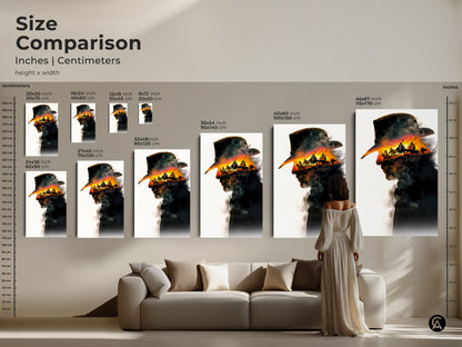 Size comparison of this incredible double exposure cowboy artwork. The canvas and poster options are shown in inches and centimeters. A stylish display allows one to truly appreciate the scale and presence of this canvas. Perfect for any wild west inspired art lover.