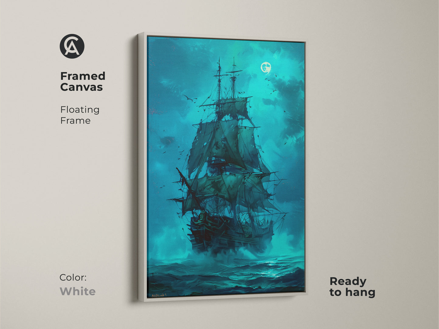 White Framed Canvas Artwork of a Pirate Ship Sailing Under the Moonlight. A clean and modern look for any room. This floating frame enhances the artwork. Ideal for nautical themed decor. Buy this art today and elevate your walls