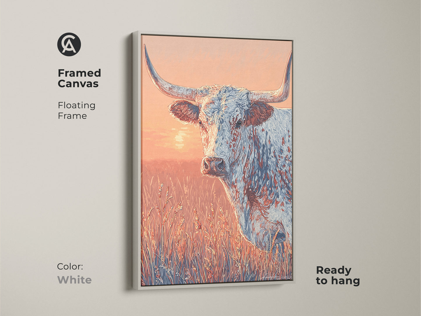Framed canvas of a longhorn in a field. The frame is white and floating. The artwork is ready to hang. The colors are warm and inviting. A great piece for western art collectors.