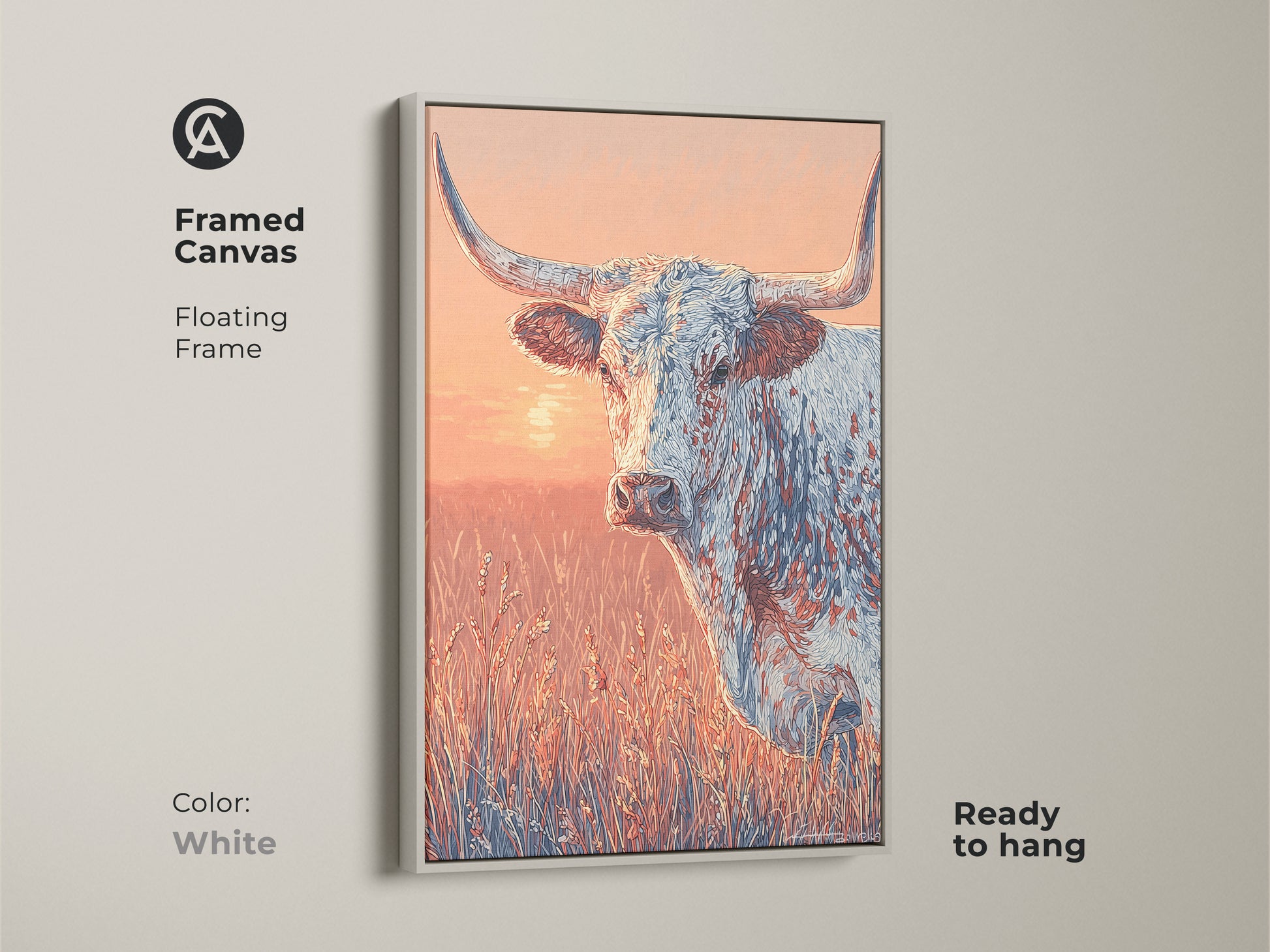 Framed canvas of a longhorn in a field. The frame is white and floating. The artwork is ready to hang. The colors are warm and inviting. A great piece for western art collectors.
