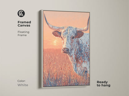 Framed canvas of a longhorn in a field. The frame is white and floating. The artwork is ready to hang. The colors are warm and inviting. A great piece for western art collectors.