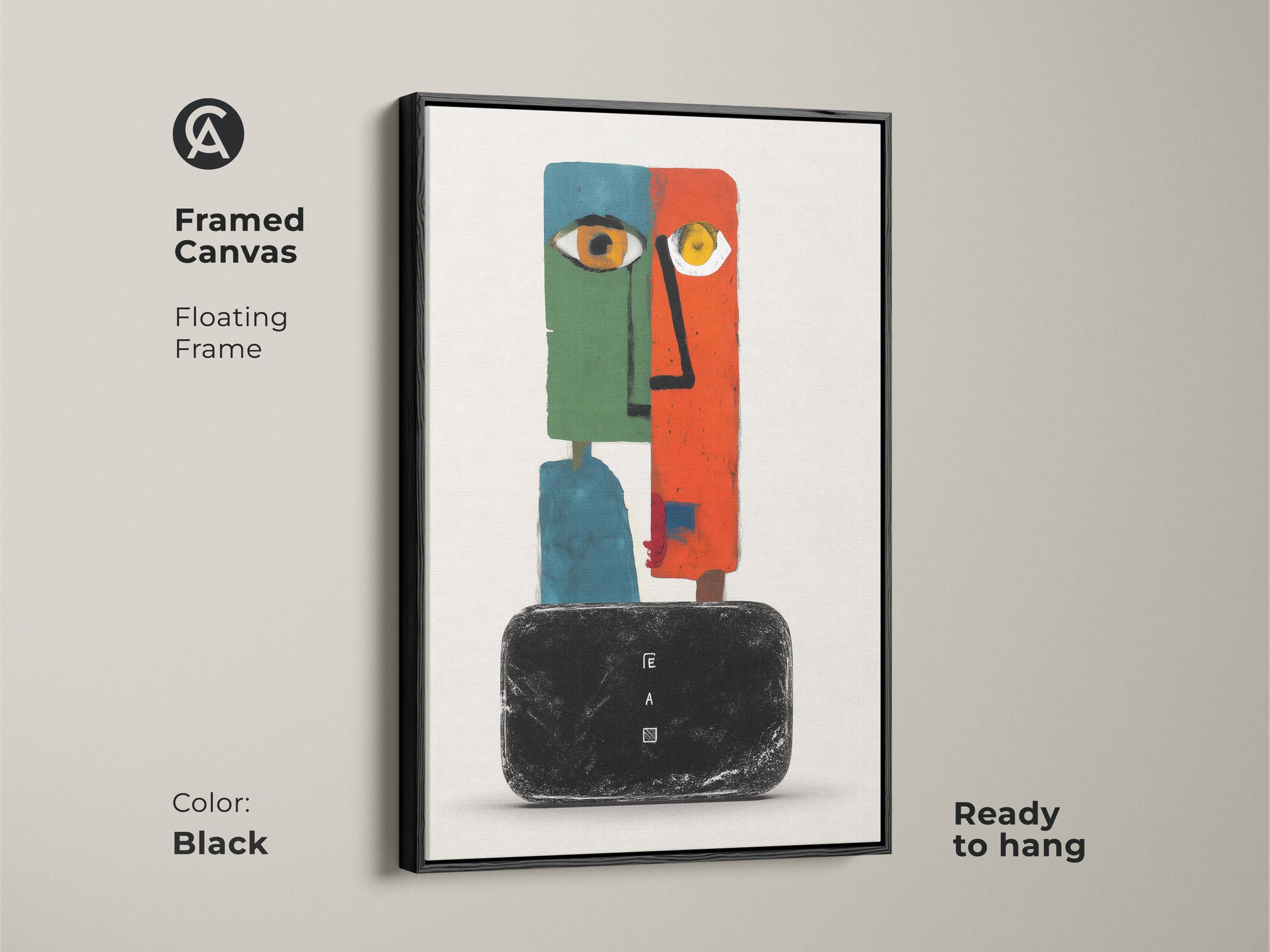 Framed canvas of a modern abstract face artwork with a floating black frame. This surreal wall decor features an eclectic orange green and teal color palette. The figurative geometric canvas art is ready to hang. Perfect for a bedroom or living room. This contemporary wall art adds sophistication to any space.
