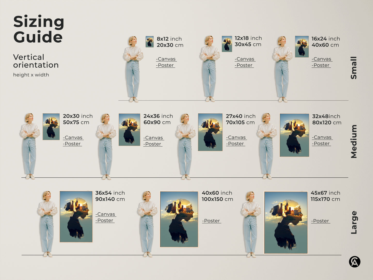 Sizing guide for vertical double exposure cityscape artwork. Visualize canvas and poster sizes with a female model. Find the perfect fit for your space from small to large options. These surreal female profile art pieces capture a golden hour city skyline.