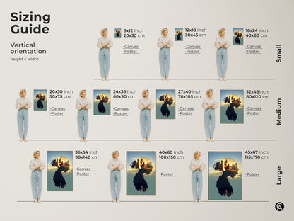 Sizing guide for vertical double exposure cityscape artwork. Visualize canvas and poster sizes with a female model. Find the perfect fit for your space from small to large options. These surreal female profile art pieces capture a golden hour city skyline.