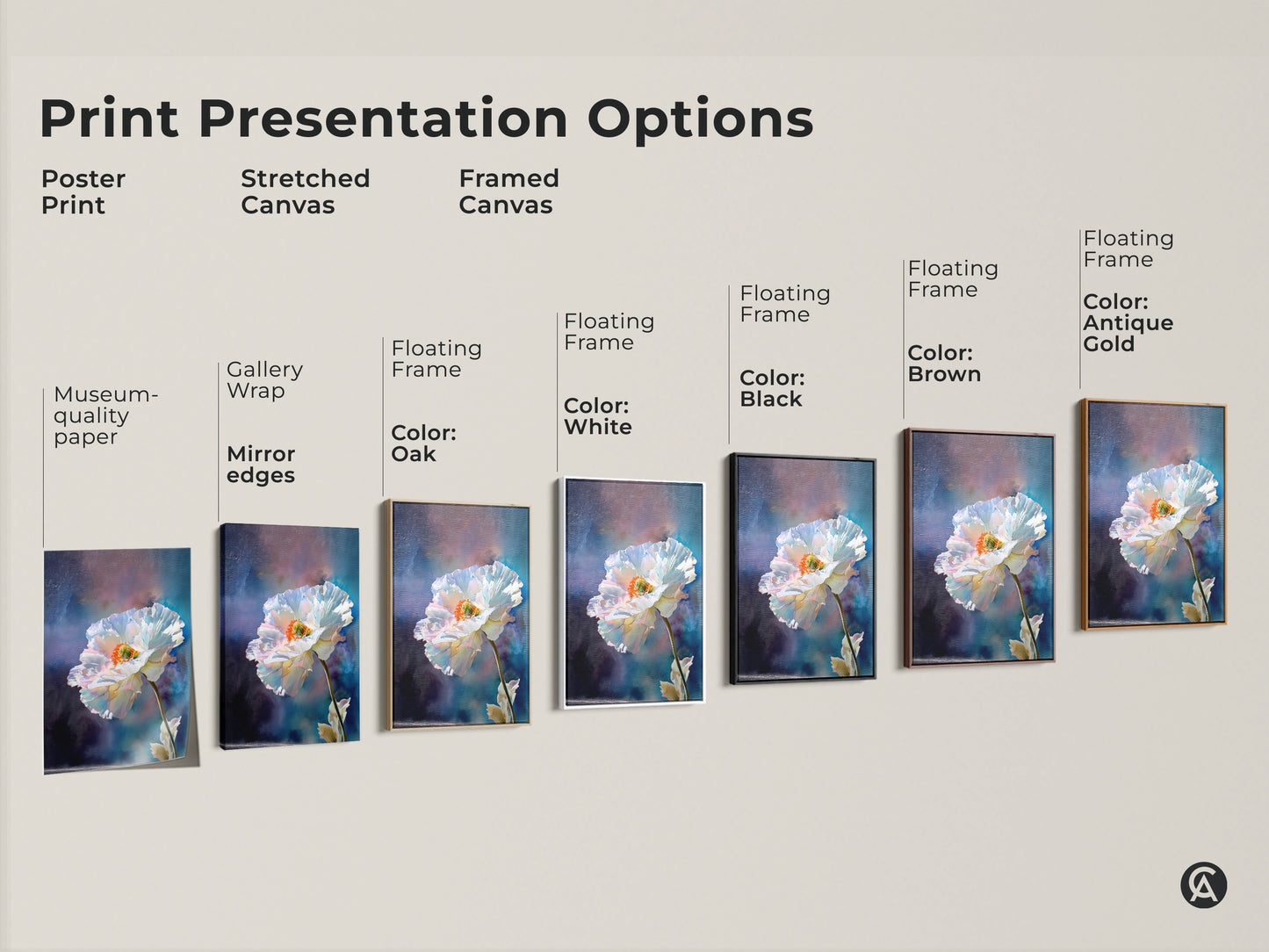 Explore Print Presentation Options for White Poppy artwork. See poster prints stretched canvases and framed canvases. Choose from various floating frame colors like oak white black brown and antique gold. Enhance your home decor with botanical floral wall art.