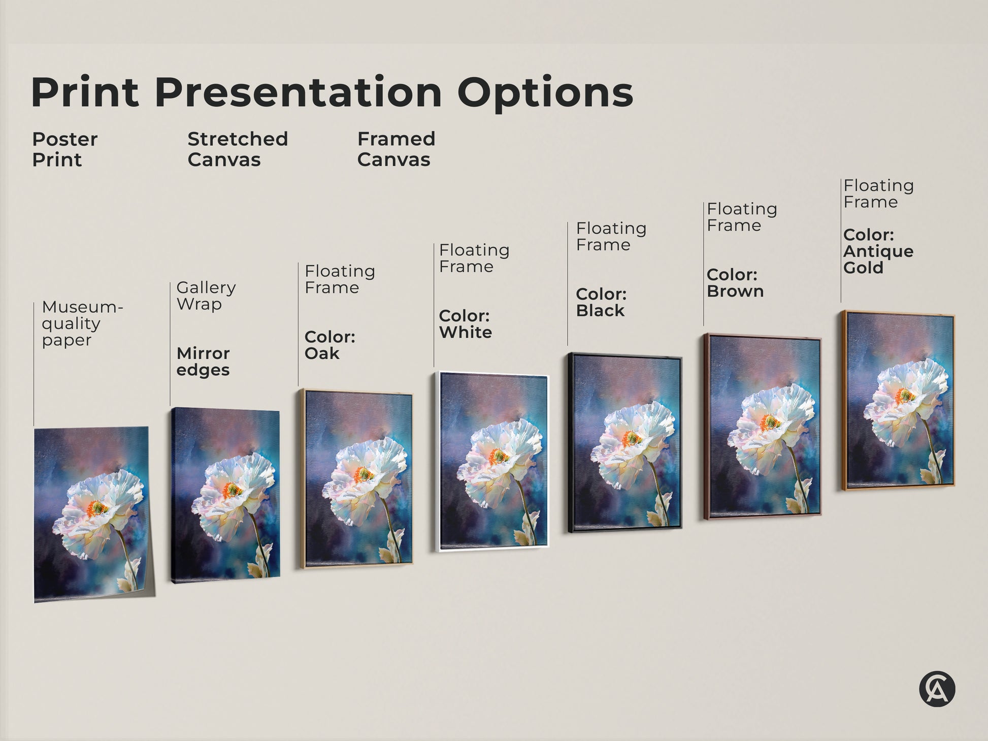 Explore Print Presentation Options for White Poppy artwork. See poster prints stretched canvases and framed canvases. Choose from various floating frame colors like oak white black brown and antique gold. Enhance your home decor with botanical floral wall art.