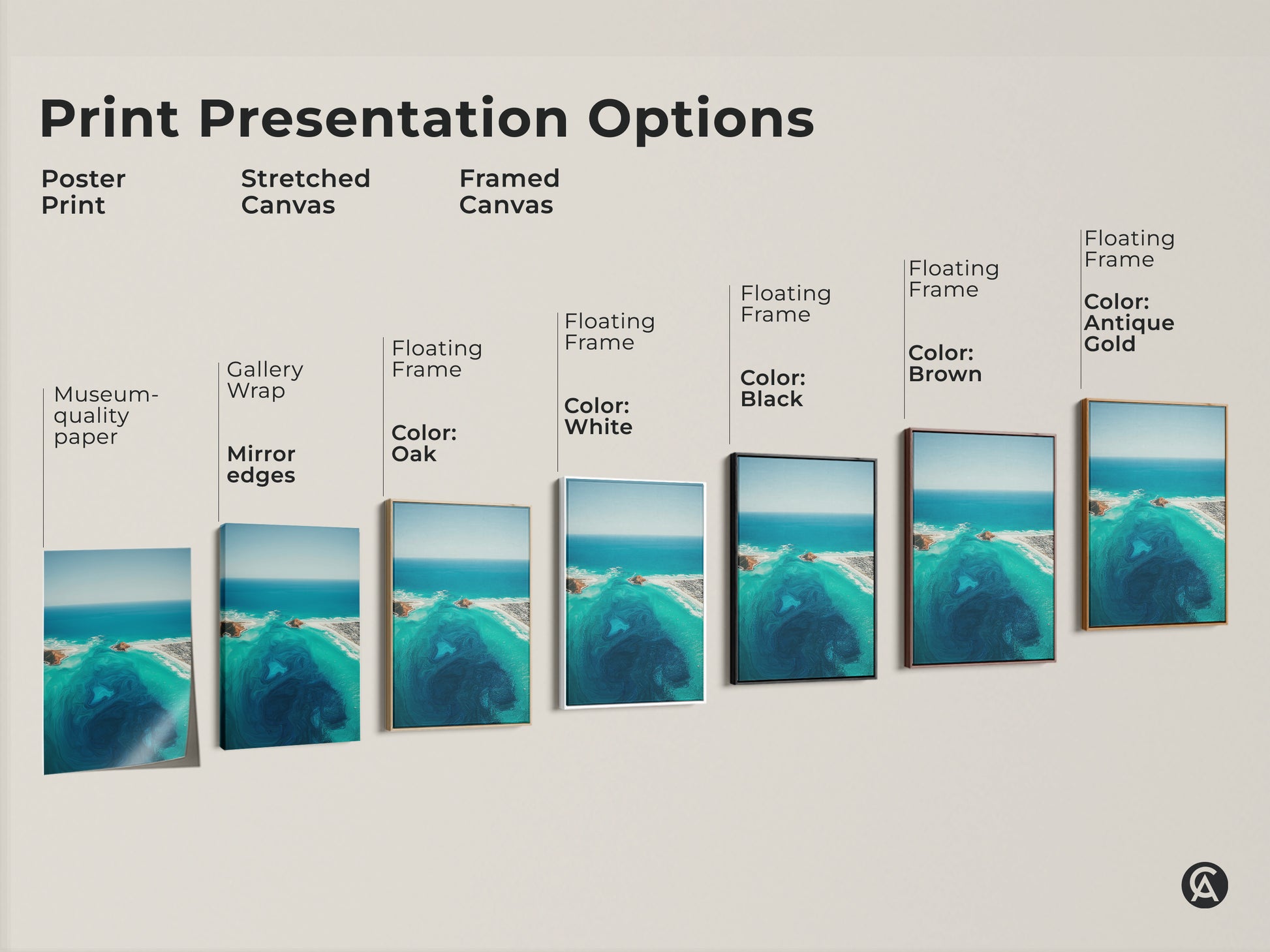 Print presentation options for abstract ocean art. Choose from poster prints stretched canvas or framed canvas. Options include black brown antique gold and white frames. Select your perfect coastal artwork.