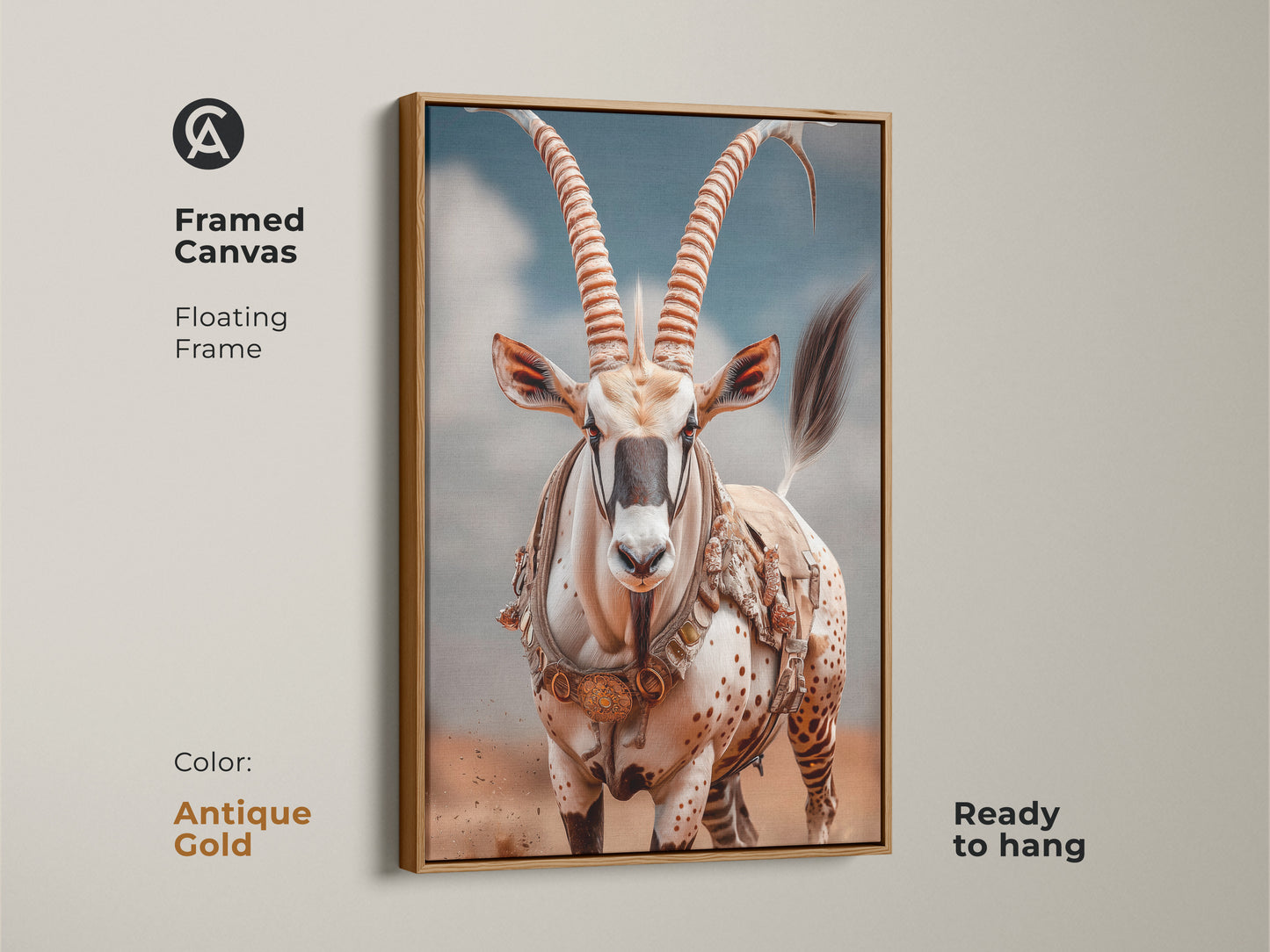 Framed canvas art showcases desert oryx in antique gold frame. Photorealistic animal portrait adds elegance to any room.  Ready to hang earthy brown canvas. Perfect for safari themed home. A unique eclectic wall hanging.