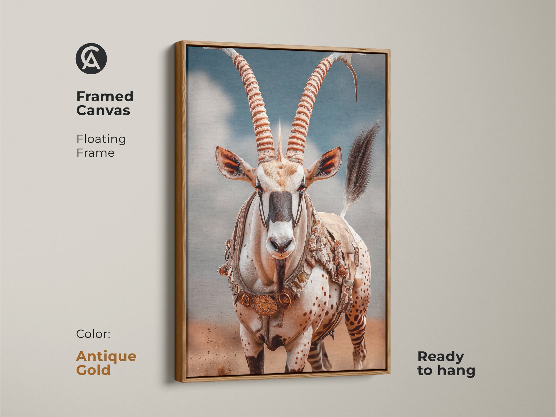 Framed canvas art showcases desert oryx in antique gold frame. Photorealistic animal portrait adds elegance to any room.  Ready to hang earthy brown canvas. Perfect for safari themed home. A unique eclectic wall hanging.