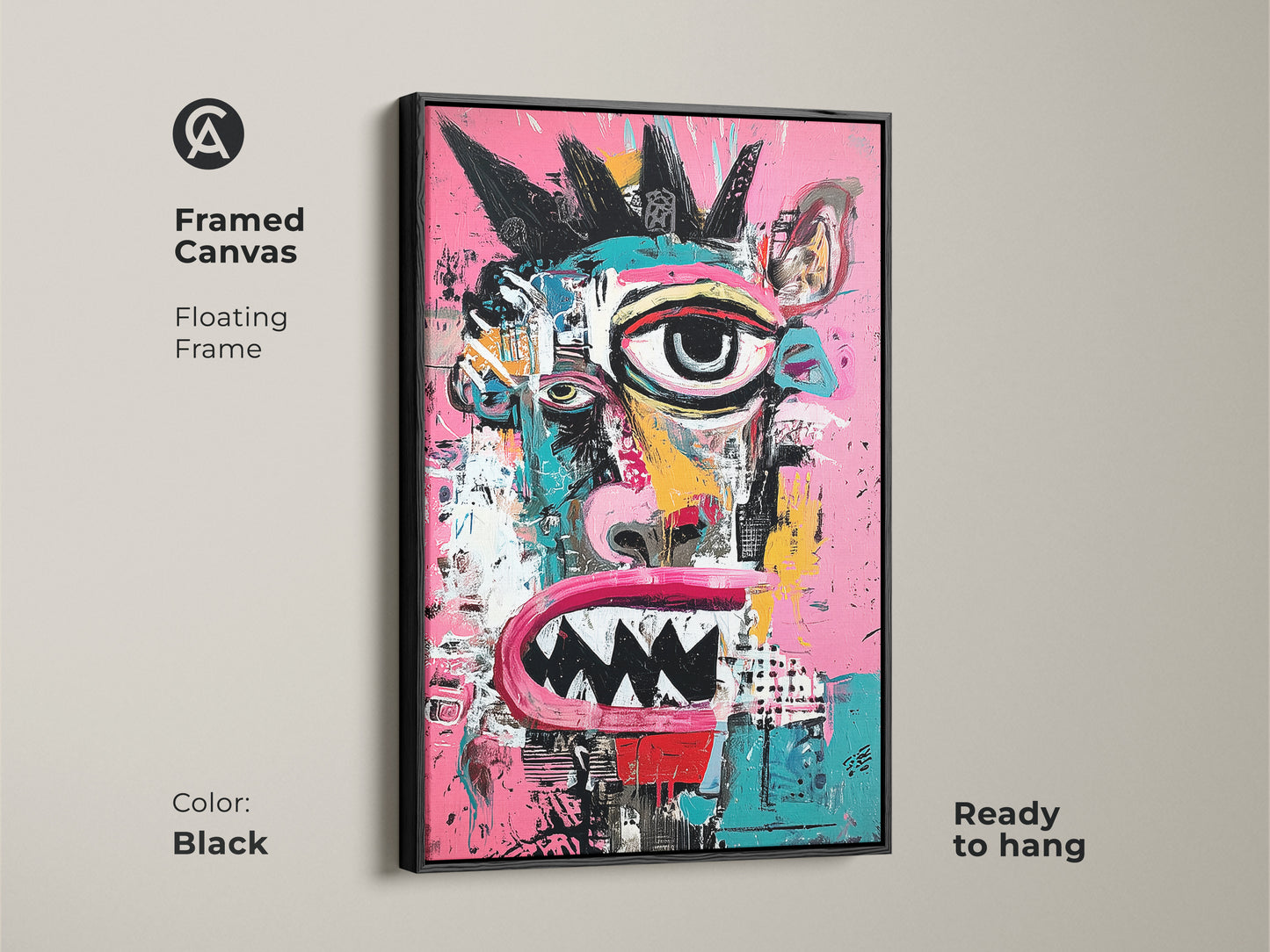 Framed canvas featuring a funky monster face art. The black floating frame adds sophistication. This piece is ready to hang and complements modern interiors. It is a bold artwork choice for those seeking distinctive wall decor.