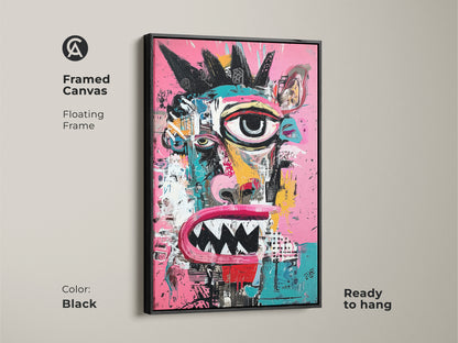 Framed canvas featuring a funky monster face art. The black floating frame adds sophistication. This piece is ready to hang and complements modern interiors. It is a bold artwork choice for those seeking distinctive wall decor.