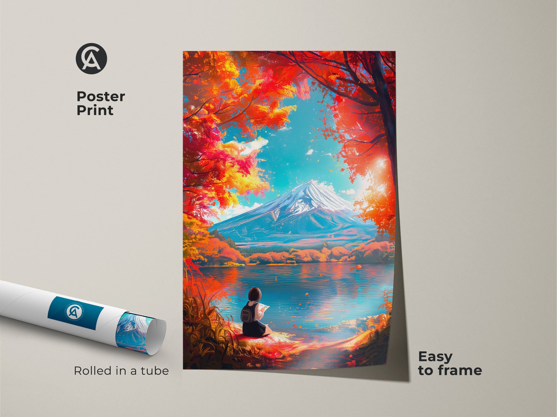 Poster print of a scenic landscape with Mount Fuji and a girl reading. The artwork is rolled in a tube for easy framing. Museum-quality paper ensures lasting beauty. Perfect for art lovers and collectors.