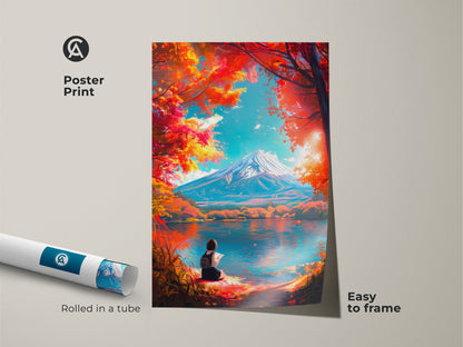 Poster print of a scenic landscape with Mount Fuji and a girl reading. The artwork is rolled in a tube for easy framing. Museum-quality paper ensures lasting beauty. Perfect for art lovers and collectors.