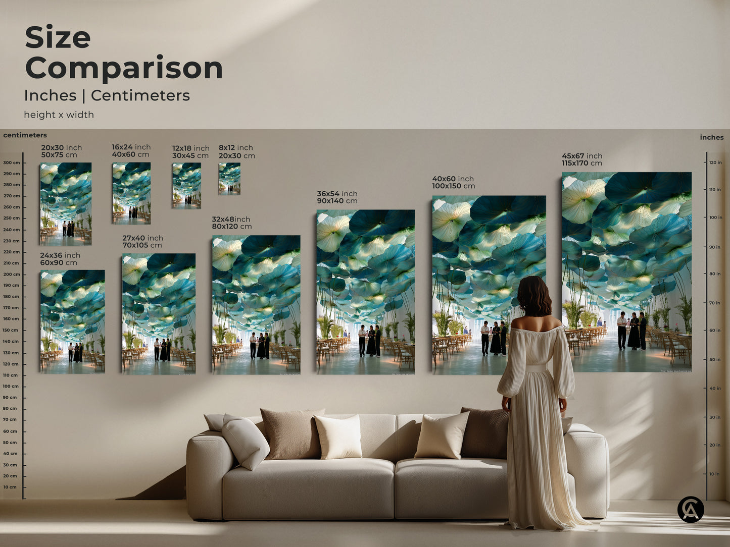 Size comparison of teal lotus leaf art prints. See how different sizes fit above a sofa. Choose from 8x12 inch to 45x67 inch canvas prints. Visualize modern botanical artwork in your home. It's a unique housewarming gift.