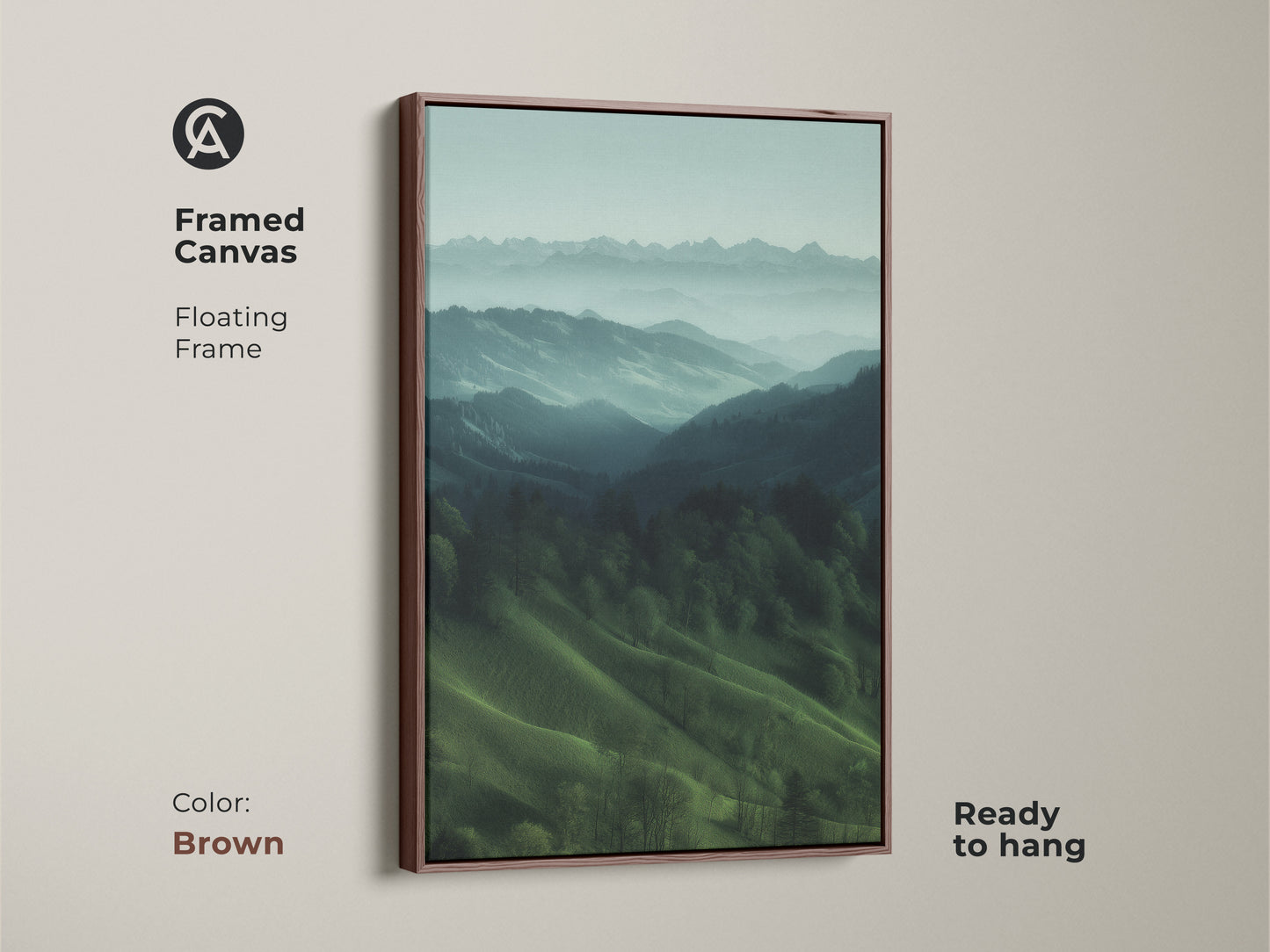 Brown framed canvas displaying a misty mountain landscape. Floating frame highlights this teal green nature artwork. Ready to hang this modern farmhouse decor. It's a perfect housewarming gift for hiker and outdoor lovers. Calming forest view art.
