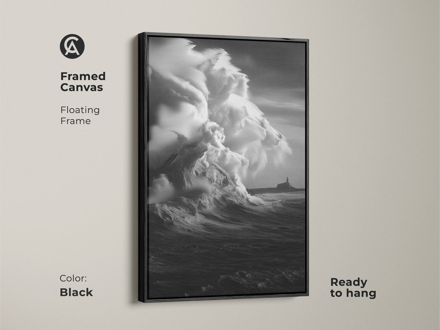 Black Framed Canvas featuring monochrome ocean wave art. This coastal lighthouse canvas print shows a black and white seascape. Ready to hang this beach theme wall art offers nautical decor. A stormy sea canvas providing ocean view artwork for modern homes.