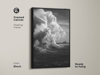 Black Framed Canvas featuring monochrome ocean wave art. This coastal lighthouse canvas print shows a black and white seascape. Ready to hang this beach theme wall art offers nautical decor. A stormy sea canvas providing ocean view artwork for modern homes.