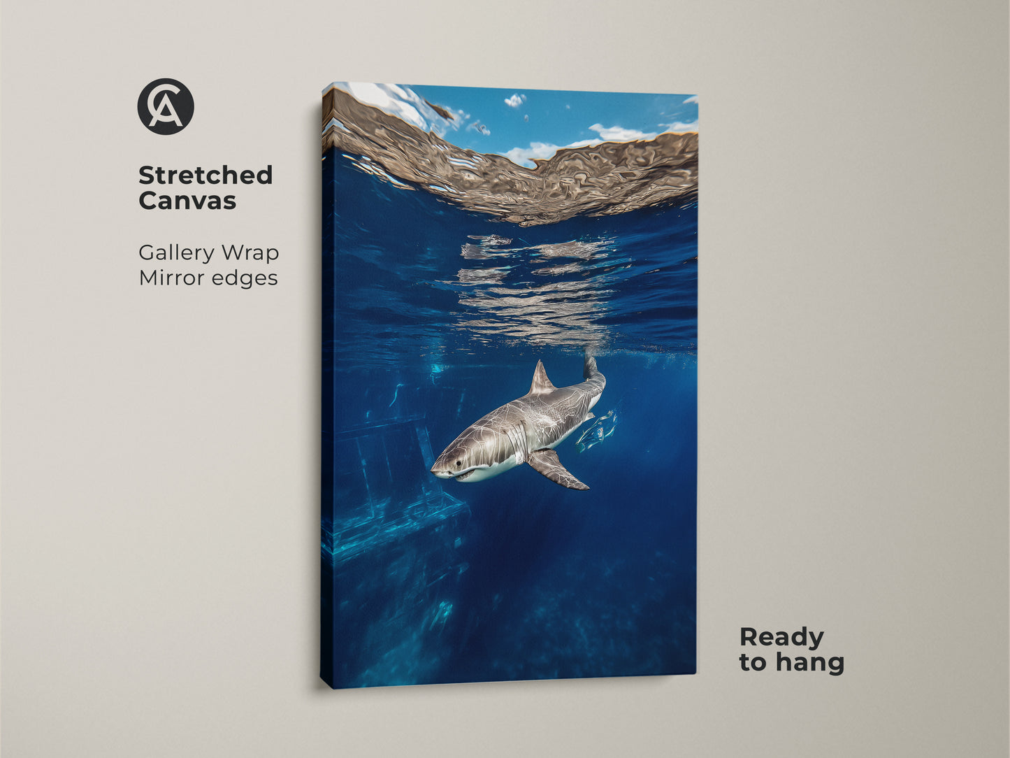 This is a stretched canvas gallery wrap mirror edges art print of a Great White Shark in its natural underwater habitat. The deep blue marine life artwork is ready to hang. It's a great blue ocean animal artwork for shark lover gift ideas.