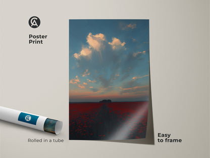 Impressionistic poppy field poster print rolled in a tube. This romantic landscape wall art is easy to frame. The red floral nature print showcases a sunset sky. This clouds artwork is ideal for contemporary home decor. It is a great gift for nature lovers.