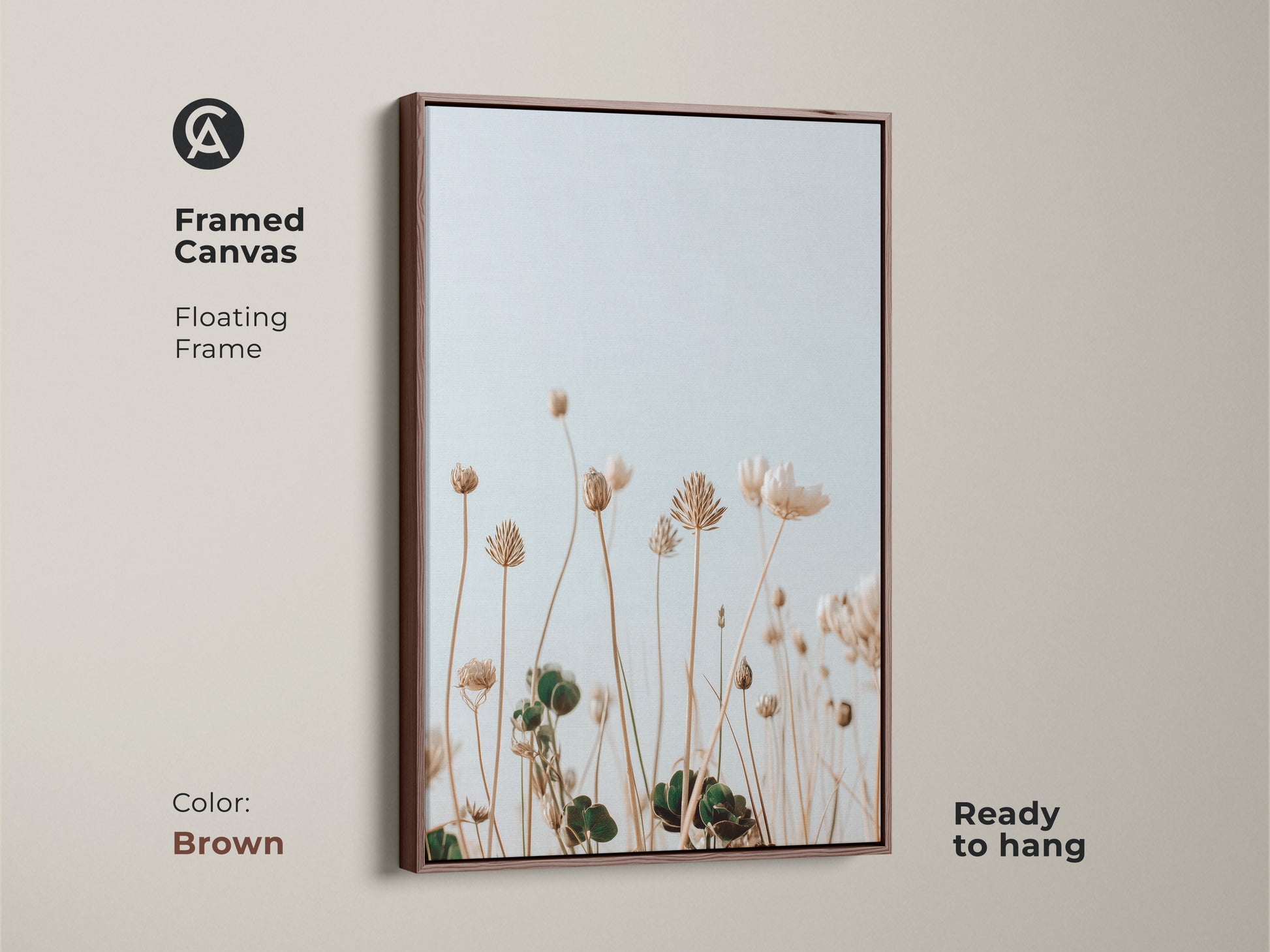Framed canvas art featuring light blue and cream wildflowers. The brown floating frame complements this minimalist botanical artwork. Perfect for adding a touch of nature to your bedroom decor. It is ready to hang. Ideal for plant lovers seeking a neutral boho art piece for their home.