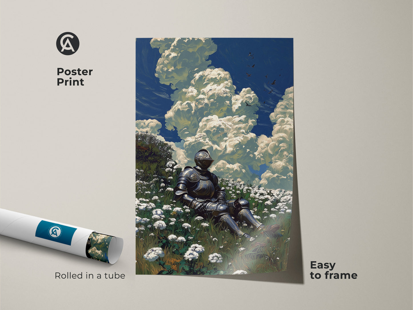 Poster print displays a knight resting in a field of flowers. This fantasy art has a romanticism style. It's easy to frame. The poster is rolled in a tube for shipping.