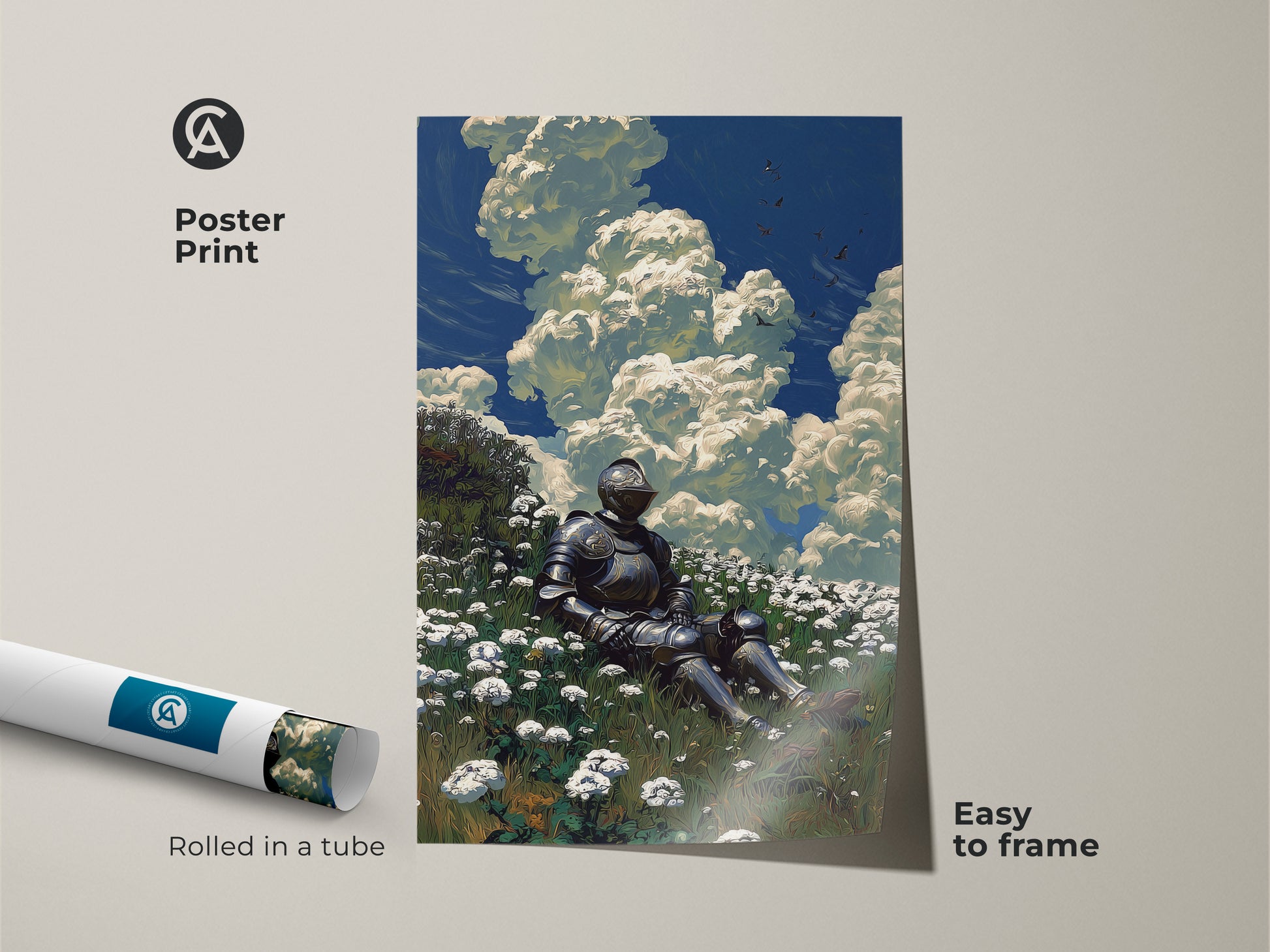 Poster print displays a knight resting in a field of flowers. This fantasy art has a romanticism style. It's easy to frame. The poster is rolled in a tube for shipping.