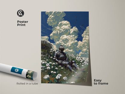Poster print displays a knight resting in a field of flowers. This fantasy art has a romanticism style. It's easy to frame. The poster is rolled in a tube for shipping.