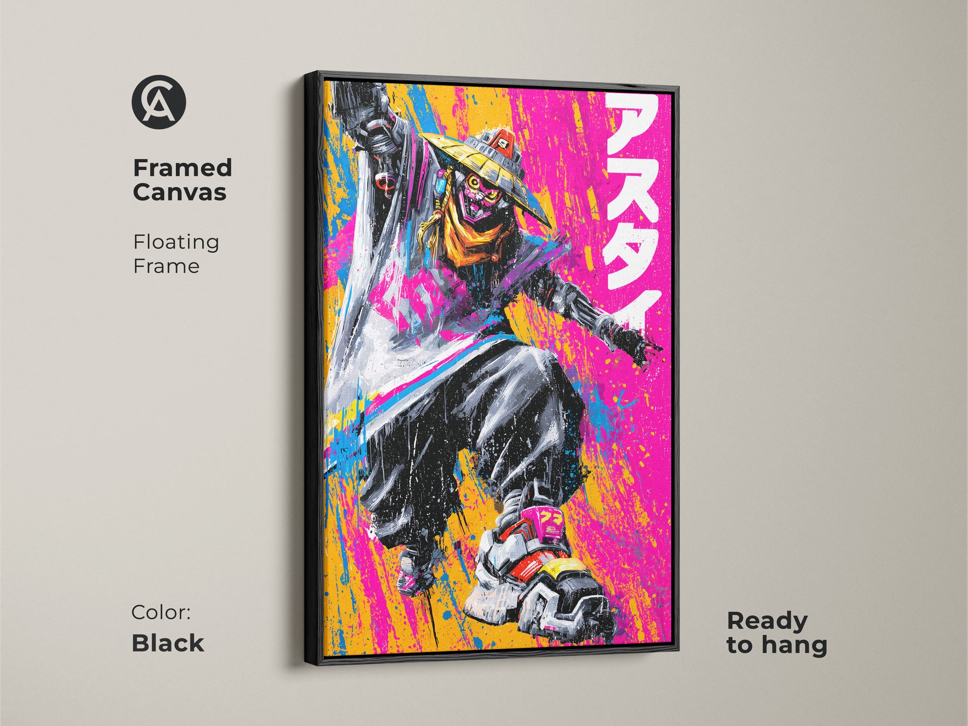 Framed canvas artwork with a floating frame in black. It features a figure in a straw hat ready to hang. The art's bold colors and dynamic design are perfect for adding a modern touch to your space.
