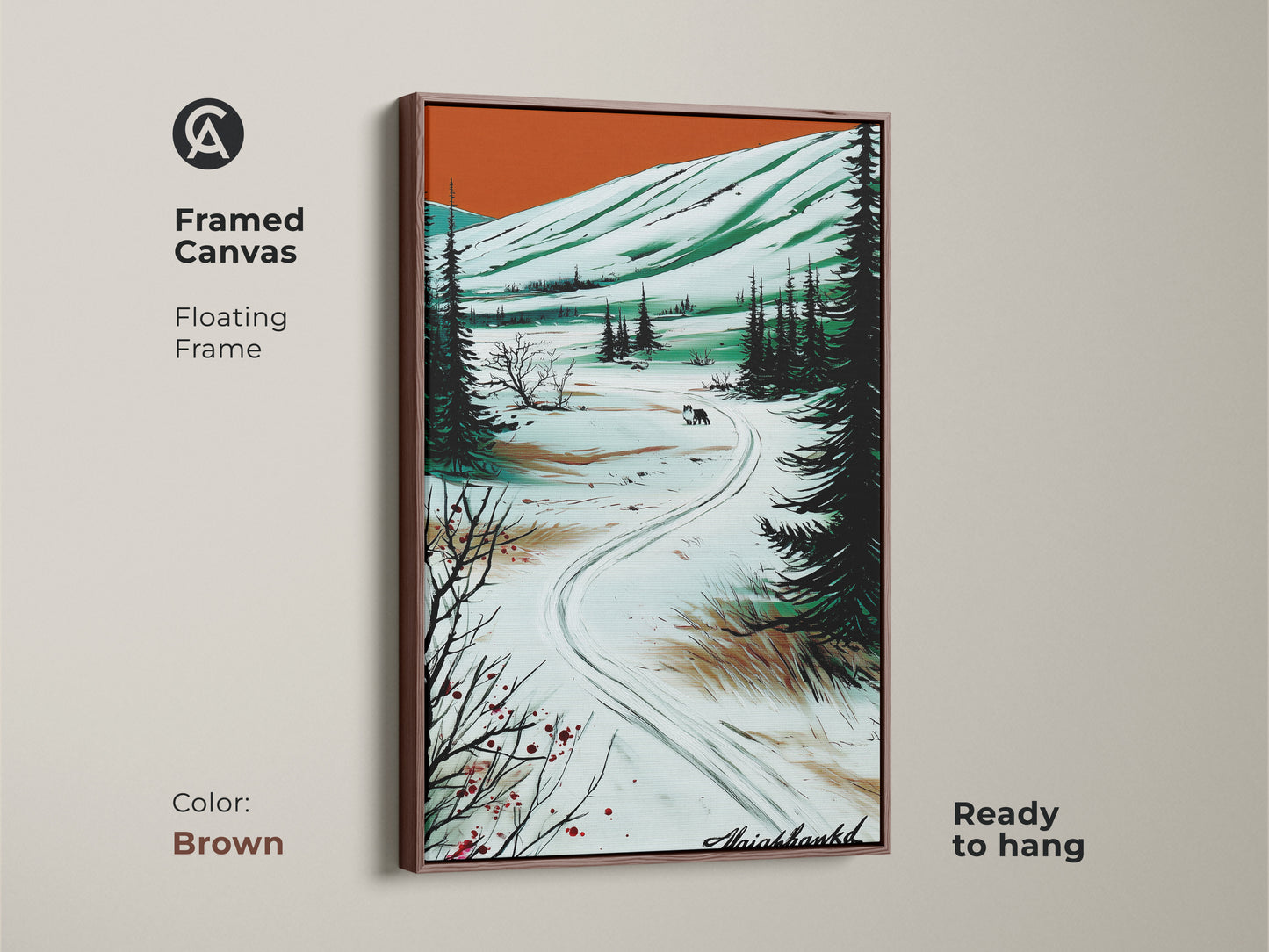 Framed winter wolf canvas art with a brown floating frame. The rustic landscape shows a stylized snowy forest scene. The artwork is ready to hang. Perfect for adding an animal inspired touch to any room.