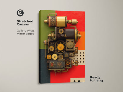 Stretched canvas of intricate mechanical gears and clockwork elements. Bold Steampunk and industrial art styles shown with gallery wrap mirror edges. The artwork has red gold and orange accents. Ready to hang makes it perfect office wall art or a housewarming gift for engineers.