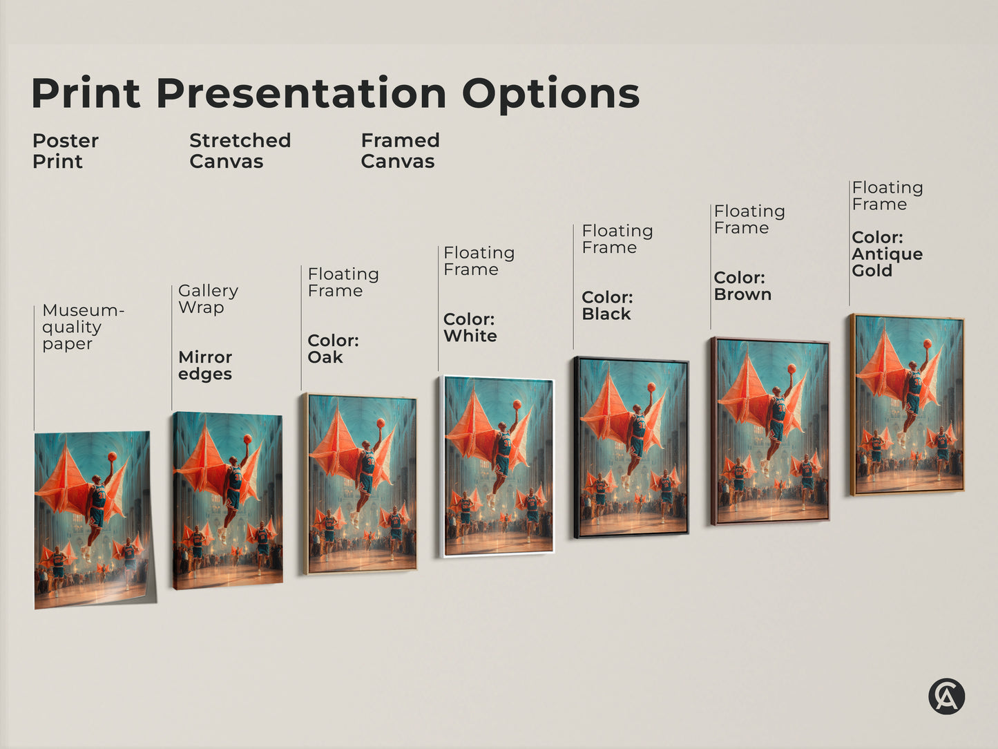 This artwork showcases print presentation options featuring the surreal basketball cathedral canvas. Options include poster stretched and framed canvases with various frame colors. Find the perfect match for your eclectic sports decor. Unique sports artwork for any space.