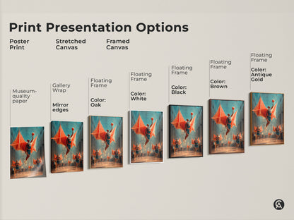 This artwork showcases print presentation options featuring the surreal basketball cathedral canvas. Options include poster stretched and framed canvases with various frame colors. Find the perfect match for your eclectic sports decor. Unique sports artwork for any space.