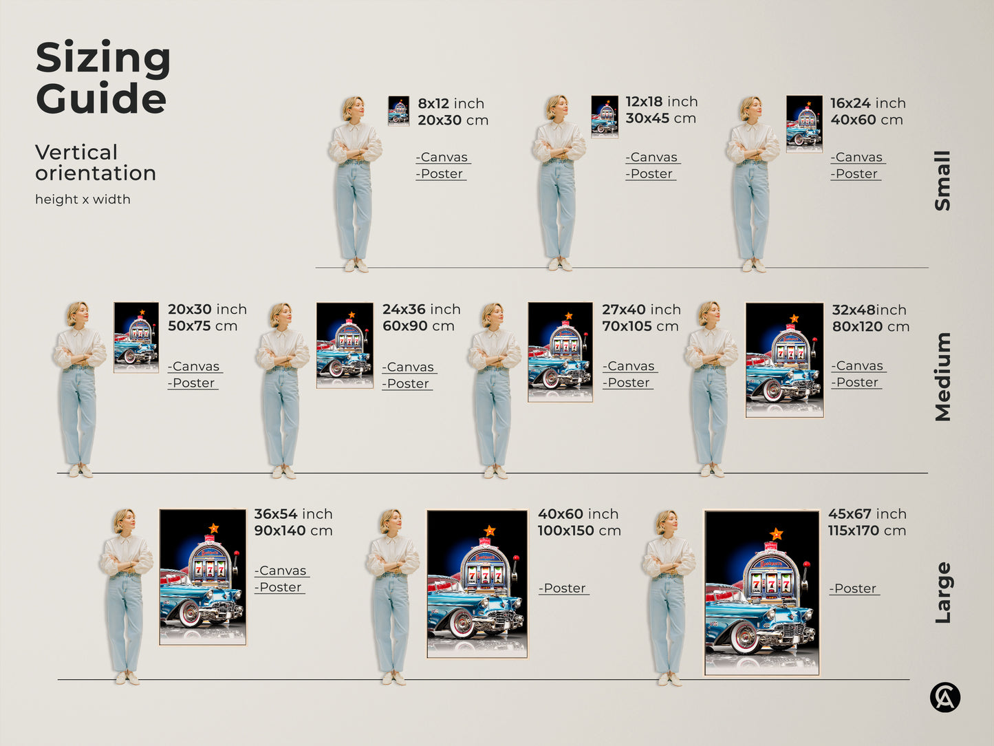 Vertical orientation sizing guide showing retro car and slot machine art prints in various sizes. Visualize how this mid-century modern artwork fits in different spaces. Available as canvas or poster prints in sizes from small to large. Find the perfect fit for your wall.