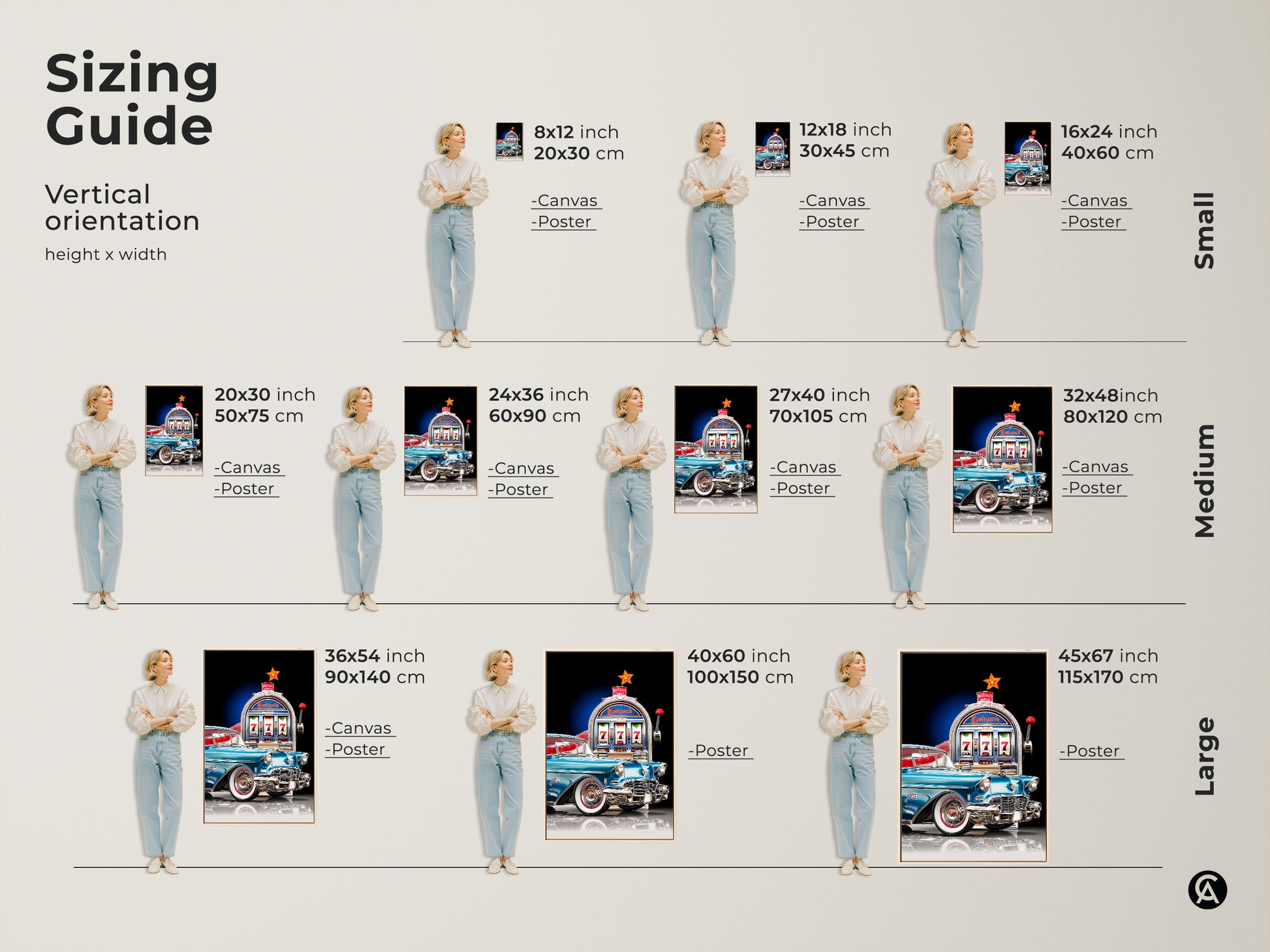Vertical orientation sizing guide showing retro car and slot machine art prints in various sizes. Visualize how this mid-century modern artwork fits in different spaces. Available as canvas or poster prints in sizes from small to large. Find the perfect fit for your wall.