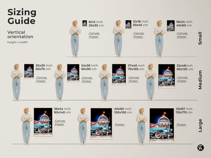 Vertical orientation sizing guide showing retro car and slot machine art prints in various sizes. Visualize how this mid-century modern artwork fits in different spaces. Available as canvas or poster prints in sizes from small to large. Find the perfect fit for your wall.