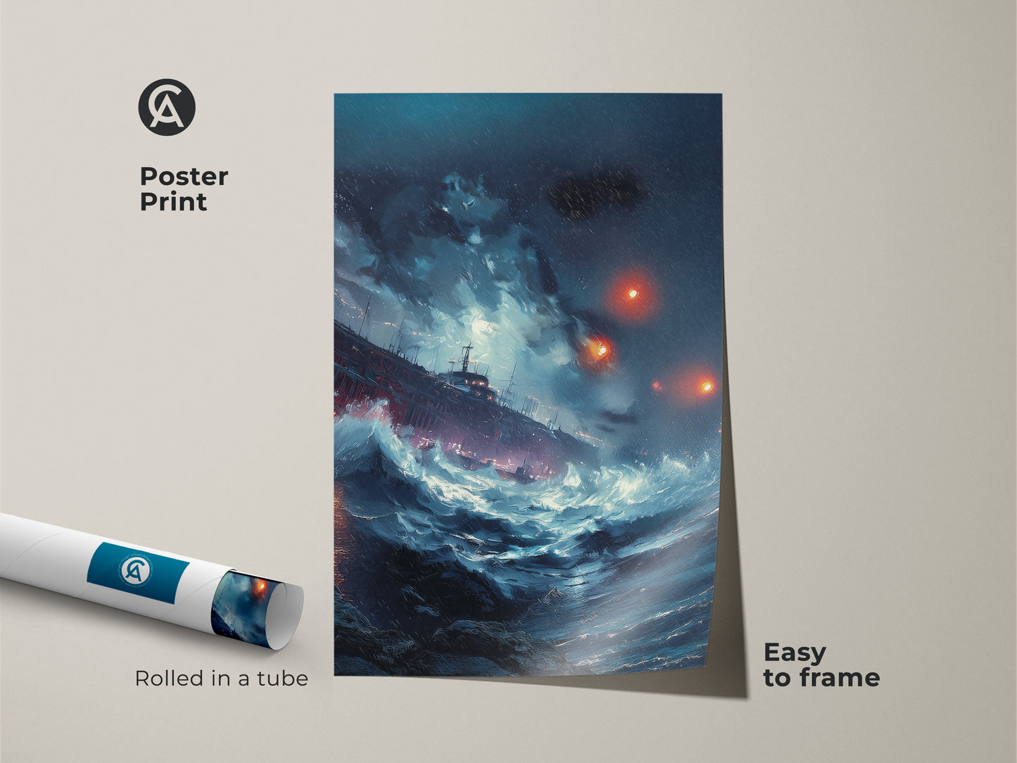 Poster print of a ship in a stormy sea. Deep blue ocean waves on a teal maritime art print. Nautical artwork is easy to frame. Rolled in a tube for convenient shipping.