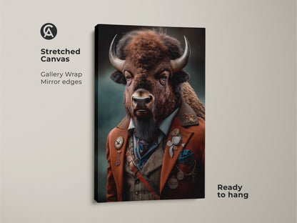 This steampunk bison artwork is displayed as a stretched canvas. It's a Victorian-style anthropomorphic animal canvas ready to hang. The gallery wrap with mirror edges enhances this eclectic living room decor. This bison portrait makes a unique gift for animal lovers. Browns and teals make up its colour palette.
