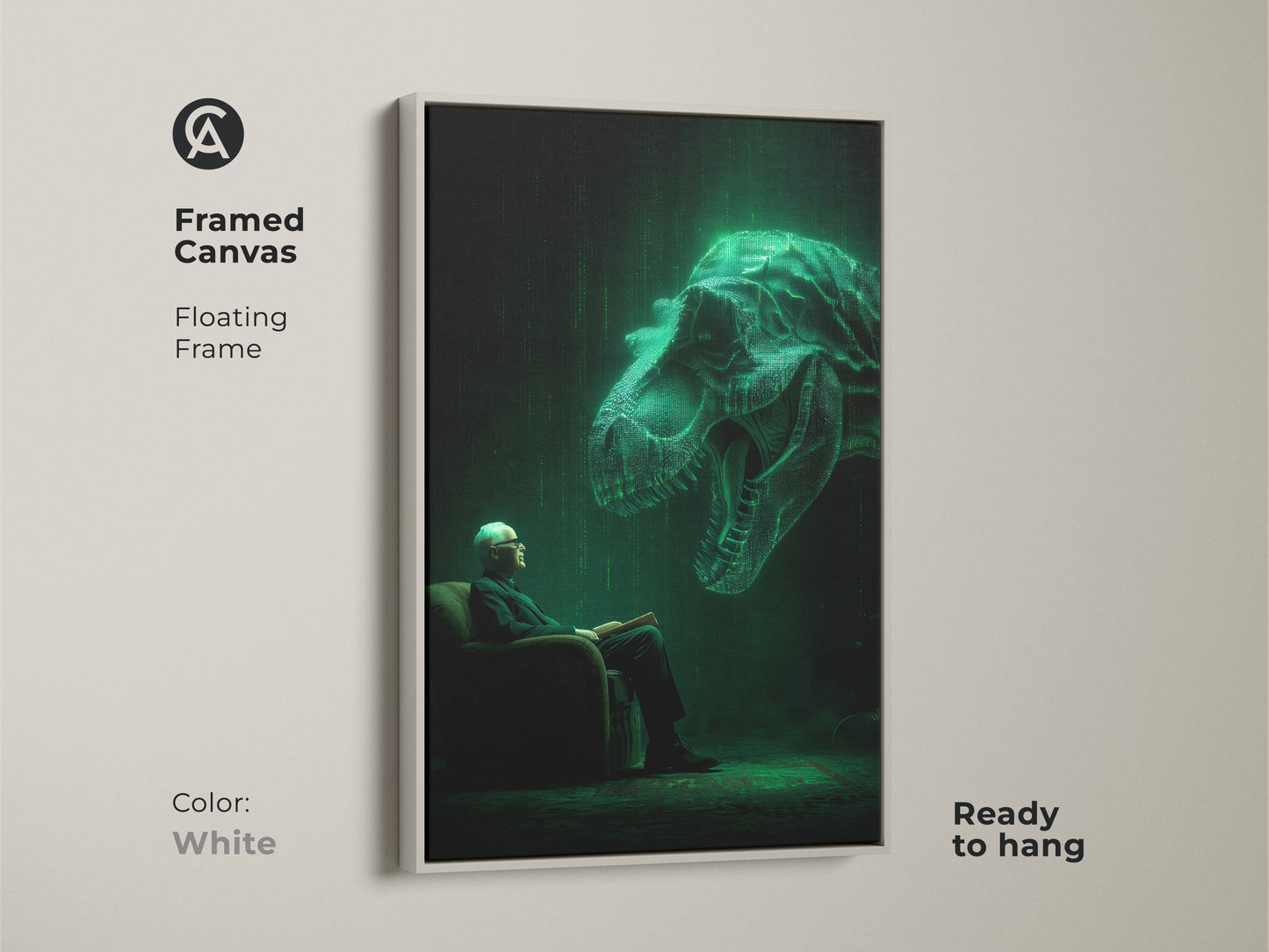 Framed canvas art shows an elderly man reading. A glowing T-Rex hovers behind him in a digital matrix style. The canvas has a clean white floating frame. This ready-to-hang wall art adds a modern and intellectual touch to your living space.