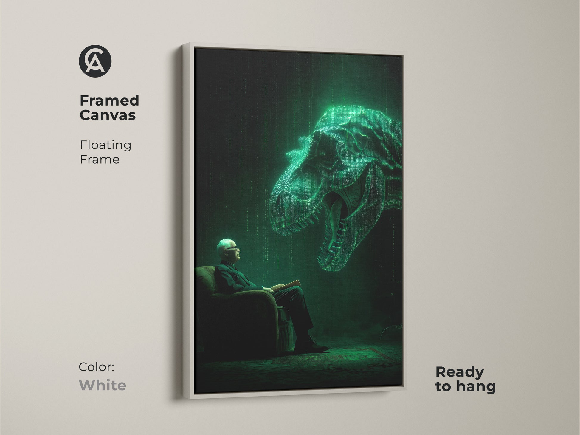 Framed canvas art shows an elderly man reading. A glowing T-Rex hovers behind him in a digital matrix style. The canvas has a clean white floating frame. This ready-to-hang wall art adds a modern and intellectual touch to your living space.