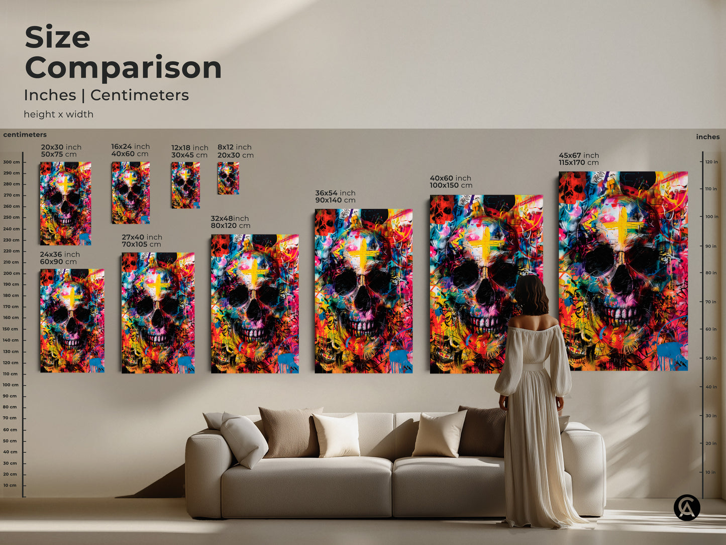 Size comparison for skull artwork. See how different sizes look in a living room setting. Artwork available in inches and centimeters. Find the perfect size for your home decor. Shop Now.